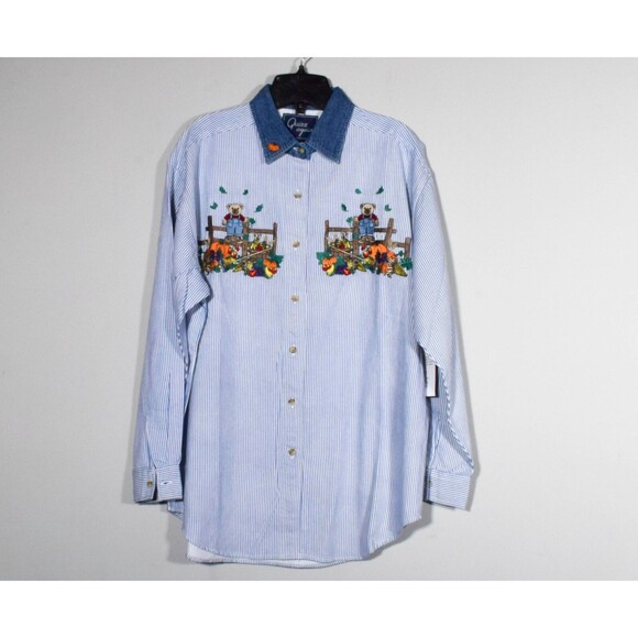 NWT Let's Quizz Again Embroidered Teddy Bear Blue & White Striped Shirt Sz M - Picture 1 of 6